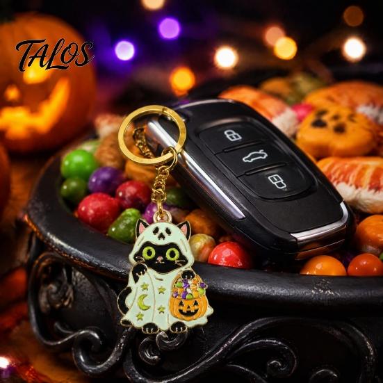 Halloween Party Accessory Cartoon Black Cat Keychain, Glow-in-the-Dark Ghost Costume Spooky Favor Keyring, Enamel Kitten Backpacks Decorative