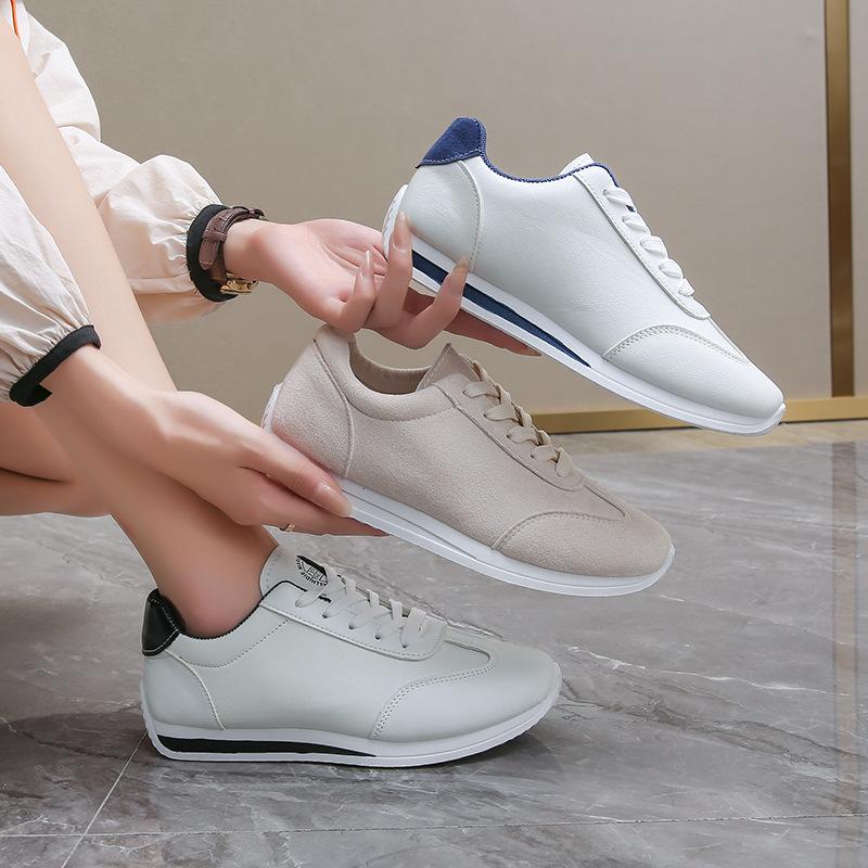 Large size women's autumn new leather fashion contrasting color white shoes lace-up casual sports shoes