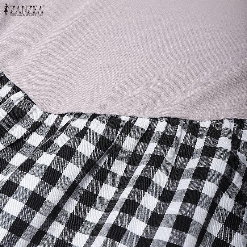 ZANZEA Damen Freizeit Langarm Patchwork Karomuster Langes Kleid mit Umlegekragen