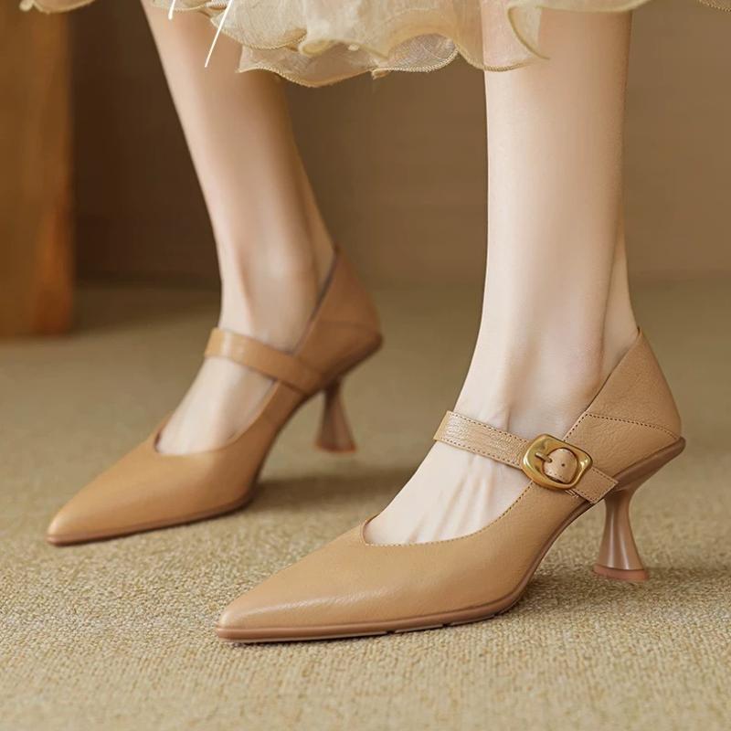 

French temperament soft leather mid heel shallow mouth single shoes versatile high heels for women pointed single women shoes 38 абрикосовий