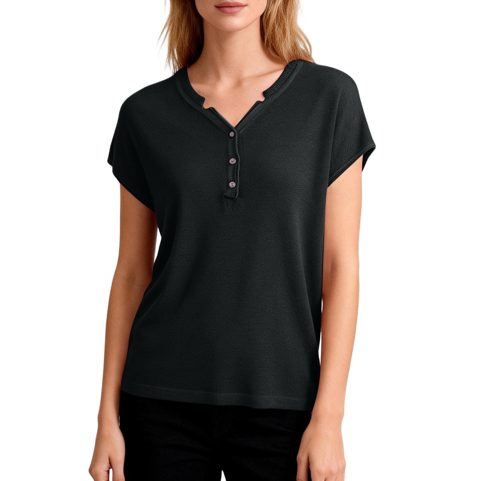 Women s V-neck Loose Button Placket Short Sleeve T-shirt XXL чёрный