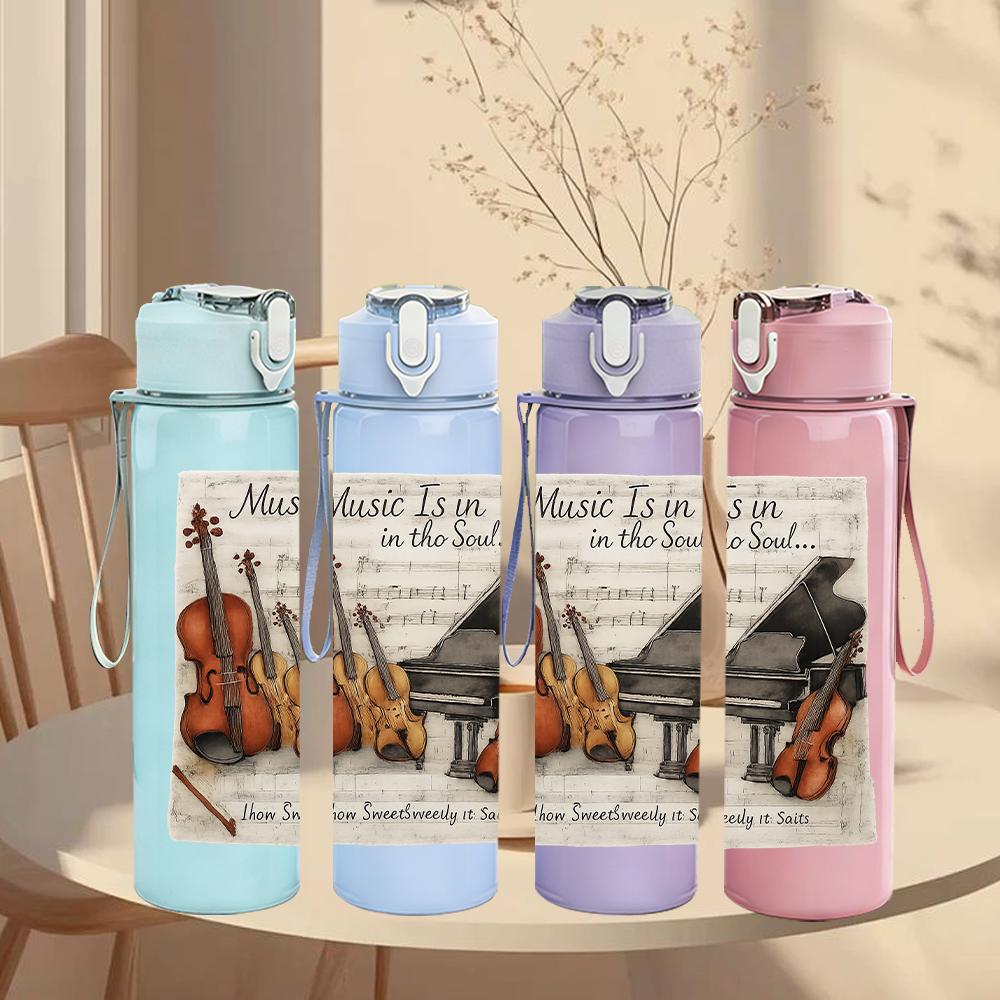 1PC Violin Cello Musical Sketch 750ml Color Plastic Sports Water Bottle Leakproof Flip Straw Lid For Sports Office Home Use