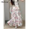 Korean Style Spring Summer Women Midi Ruffles Skirt Apricot Colorful Print Tiered Skirt Elegant Feminine Beading Party Princess Skirts Womens