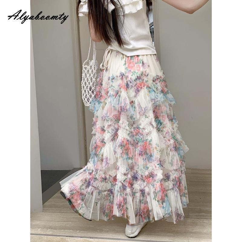 Korean Style Spring Summer Women Midi Ruffles Skirt Apricot Colorful Print Tiered Skirt Elegant Feminine Beading Party Princess Skirts Womens