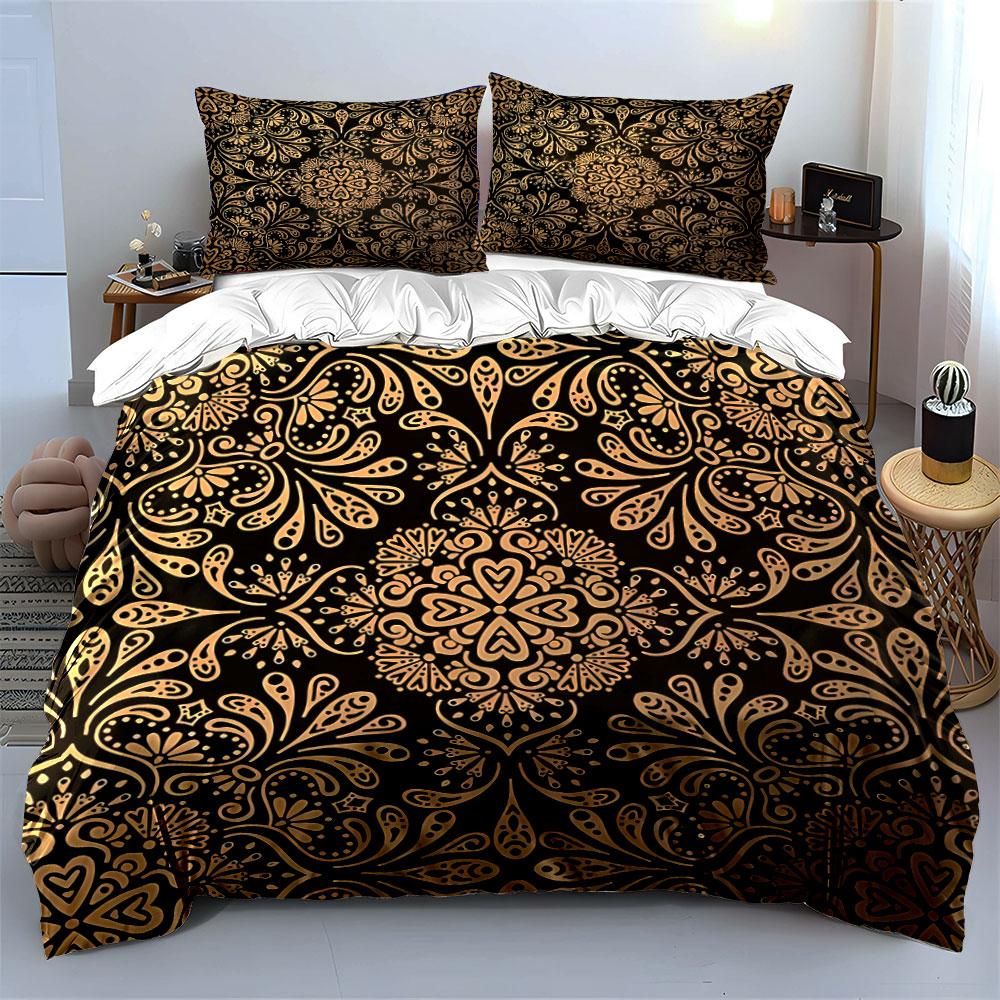 3Pcs Gold Damask Vintage Floral Duvet Cover Set Black Luxury Baroque Bedding Includes 1 Duvet Cover And 2 Pillowcase Gift