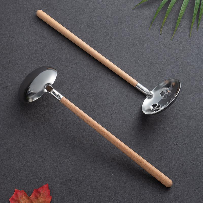 HANYANG Wooden Handle Hot Pot Spoon 304 Stainless Steel Soup Shell Soup Funnel Household Leakage Shell Extended Handle Soup Ladle Leakage Spoon