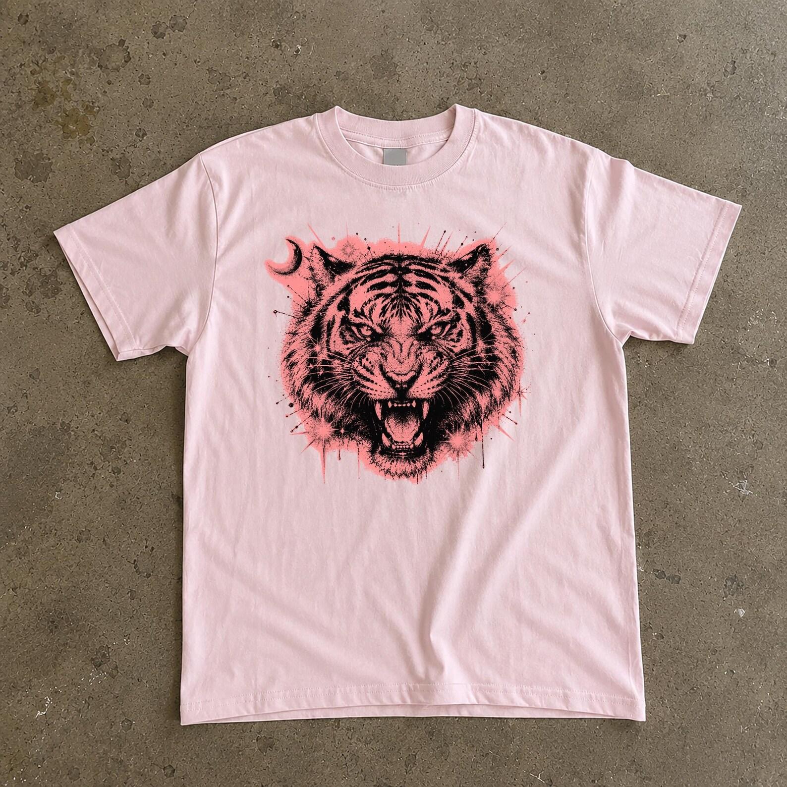 Vintage Tiger Face Shirt, Celestial Moon Graphic Tee, Edgy Streetwear Style M