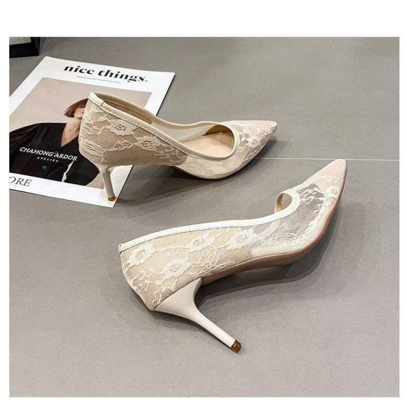 Sexy fashion temperament versatile high heels women's new summer breathable lace mesh women's shoes pointed single shoes