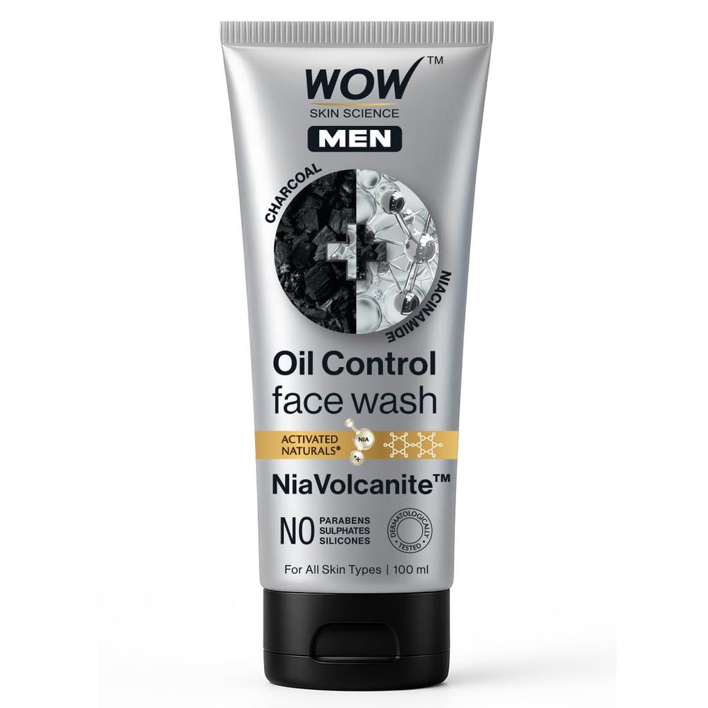 WOW Skin Science Men Charcoal & Niacinamide Oil Control Face Wash, 100 Ml Deep Cleansing for Oily Skin, Mattifying
