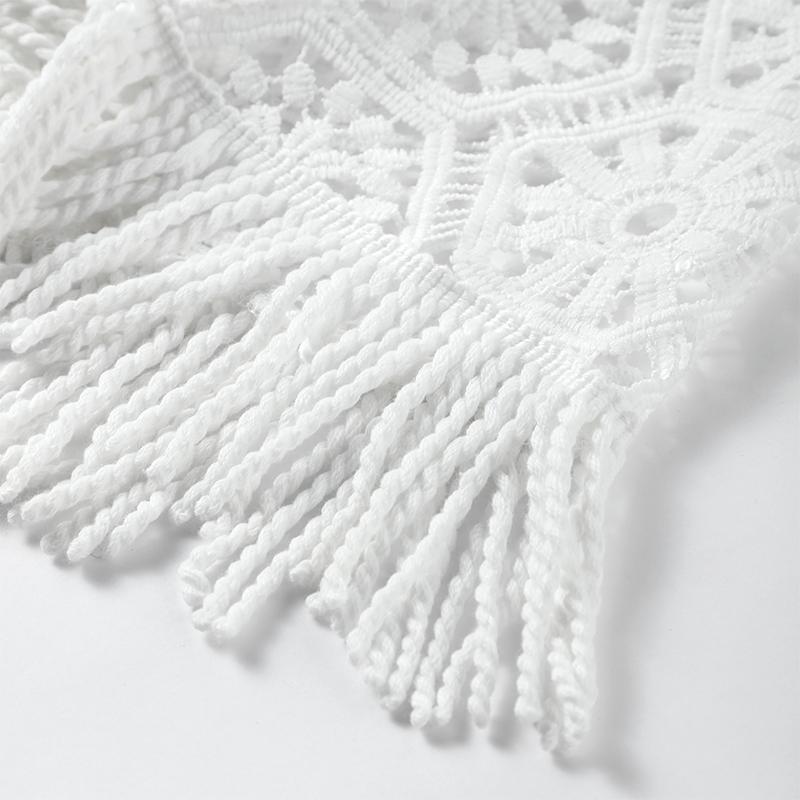 Sexy Tassel Hallow Out Midi Dress Women Solid Long Sleeve O-neck Holiday Slim Dresses Female 2024 Summer Fashion Crochet Robe