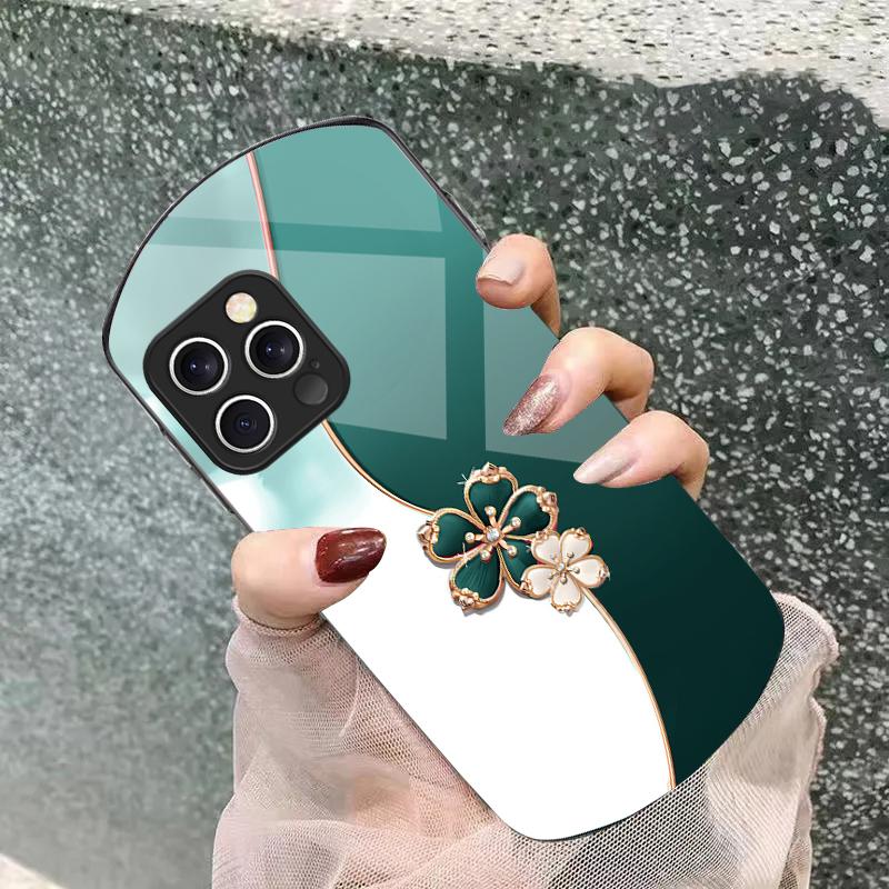 Lucky Four-leaf Clover For iPhone 16 15 14 13 Plus 12 Mini 11 Pro Max XR Xs X 7 8 6 6S Elliptical Tempered Glass Phone Case