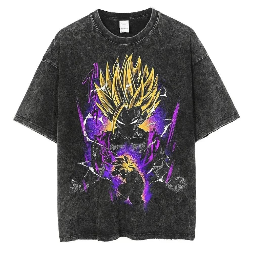 Anime Dragon Ball Z Vegeta Vintage Wash T-Shirt Short Sleeve Loose Sports Fitness T-Shirt Men's Harajuku Clothing Dragon Ball