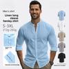 Herrskjorta med lång ärm och knappar Enfärgad Henley-krage Linne Casualskjorta