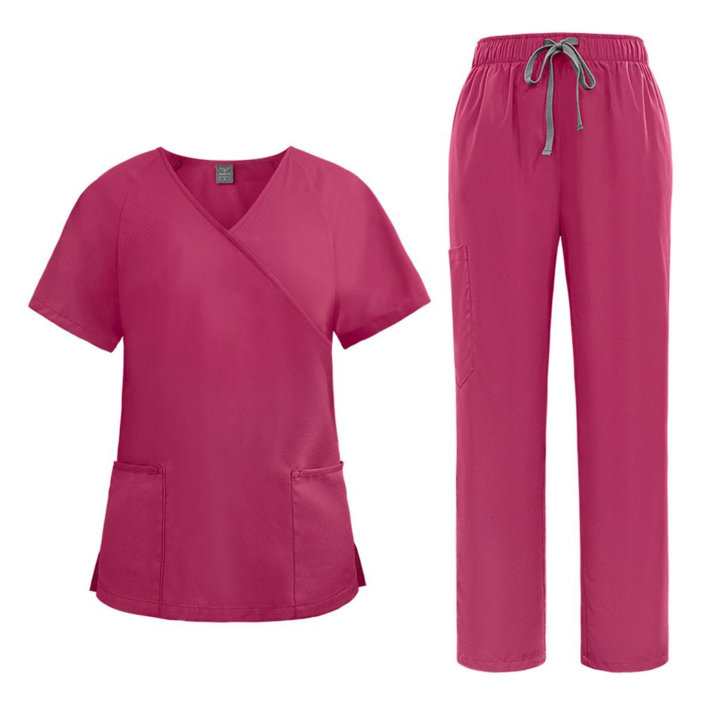 Women's Loose And Comfortable V-neck Short Sleeved Workwear With Tie Up Top And Waist Cinching Beauty Suit Set