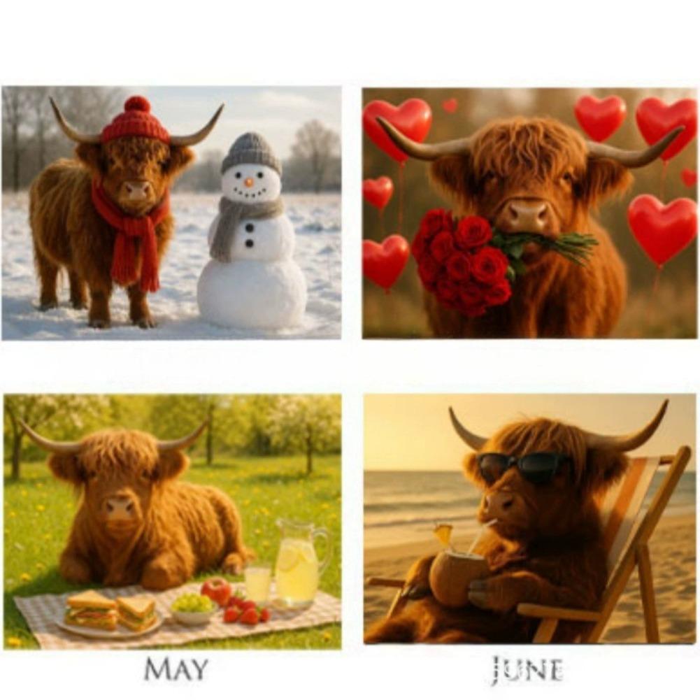 Paper Wall Calendar Easy Installation Wall Calendar Scottish Highland Cattle-themed Wall Calendar High-definition High-quality