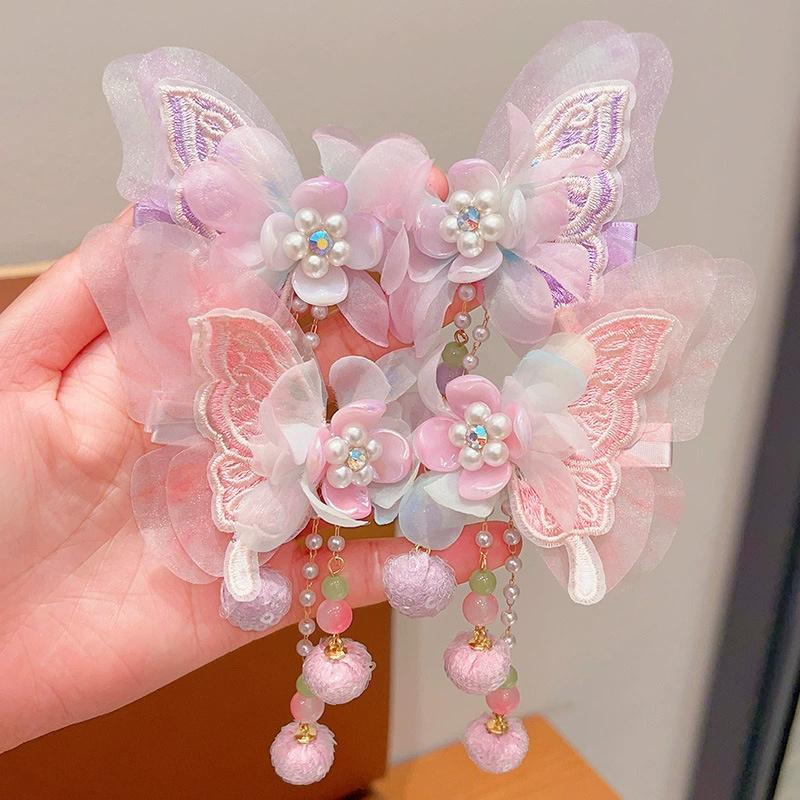 2PCS Children's Hanfu Headwear Hair Clip Little Girl Butterfly Step Swinging Hair Clip Girl Super Fairy Tassel Hair Accessories