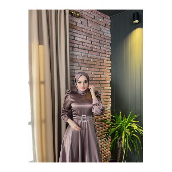 Women's Satin Hijab Evening Dress with Stone Buckle Waist and Flared Skirt