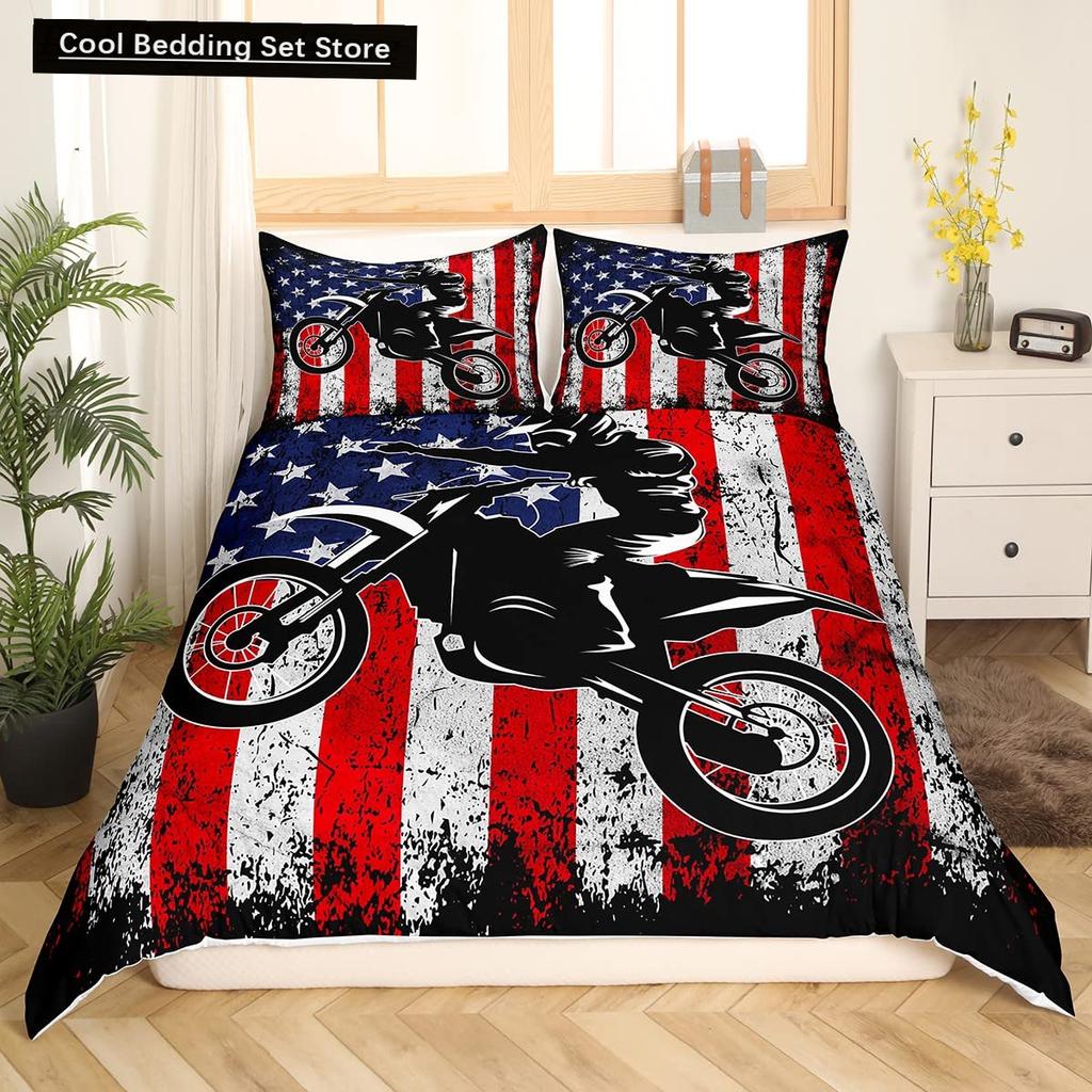 Dirt Bike King Queen Duvet Cover Motocross Sports Bedding Set Motorcycle Quilt Cover Youth Cool Black White Soft Comforter Cover