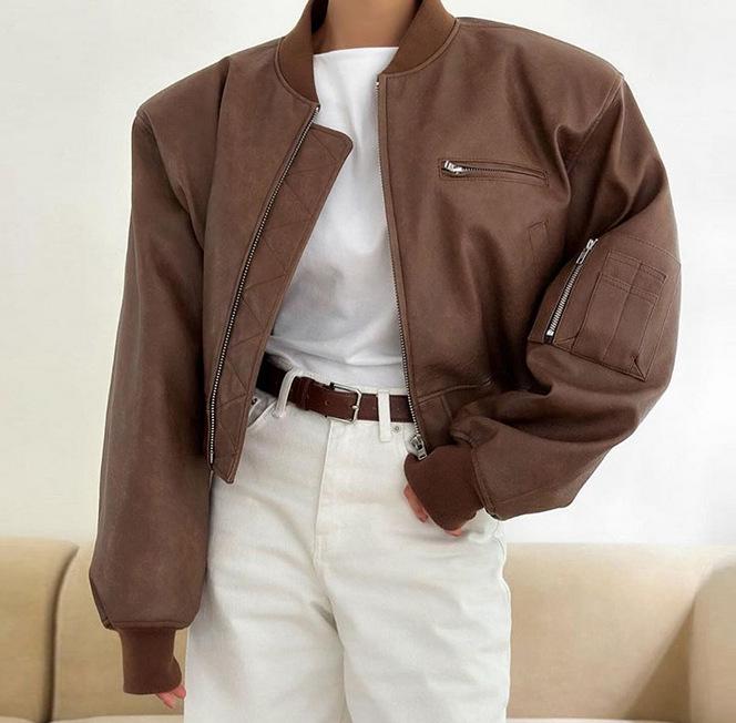 Dámská motorkářská bunda z umělé kůže - Podzimní/zimní krátký styl na zip