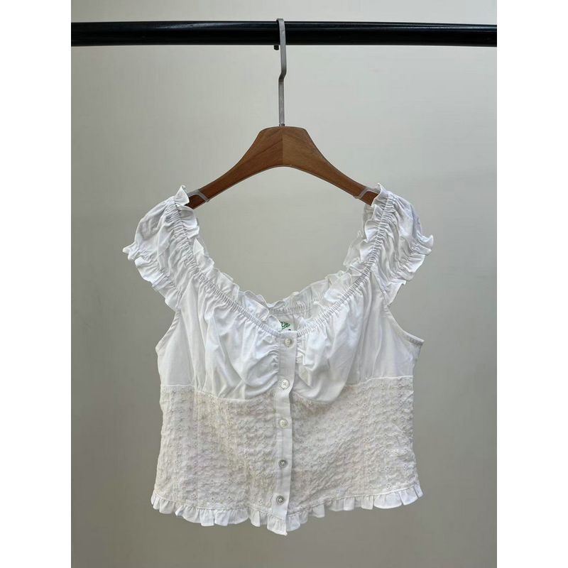 American Original Single Age-Reducing Sweet Fresh Ballet Style Sweet and Spicy Embroidered Wavy Edge Shirt Pure Cotton Top