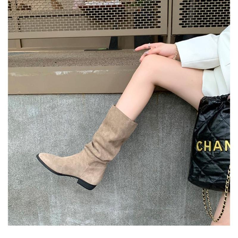 Sheepskin~ Retro pointed thick heel stacked boots inner height increase western cowboy boots women's medium tube thin boots