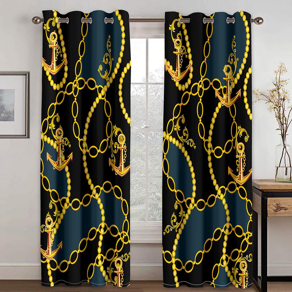 Floral Gold Chain Lines 3D Green Creative Curtains 2 Panels Fit Living Room Kitchen Bedroom Balcony Decor