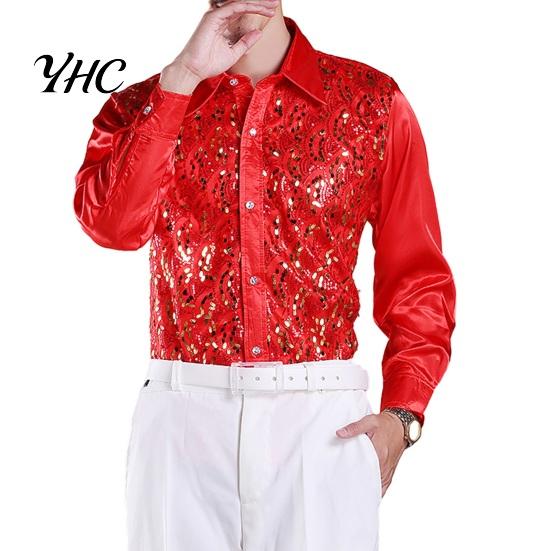 Sequin Embellished Men Shirt Luxury Sequins Performance Lapel Long Sleeve Single-Breasted Lightweight Wedding Stage Slim Fit Formal Casual Tops