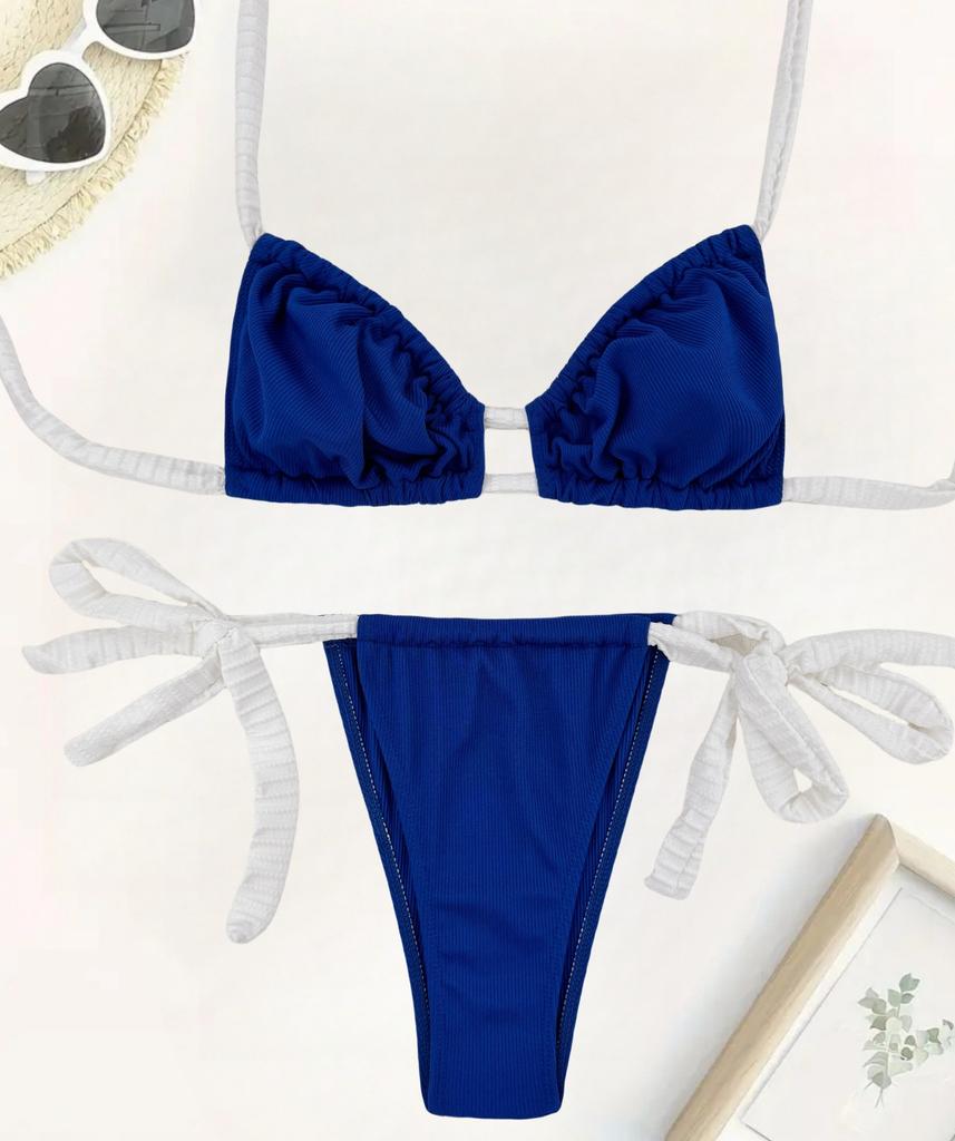 Dámské plavky jednobarevné halterneck odhalená záda na zavazování rozparkové plavky bikiny plážové oblečení koupací plavky