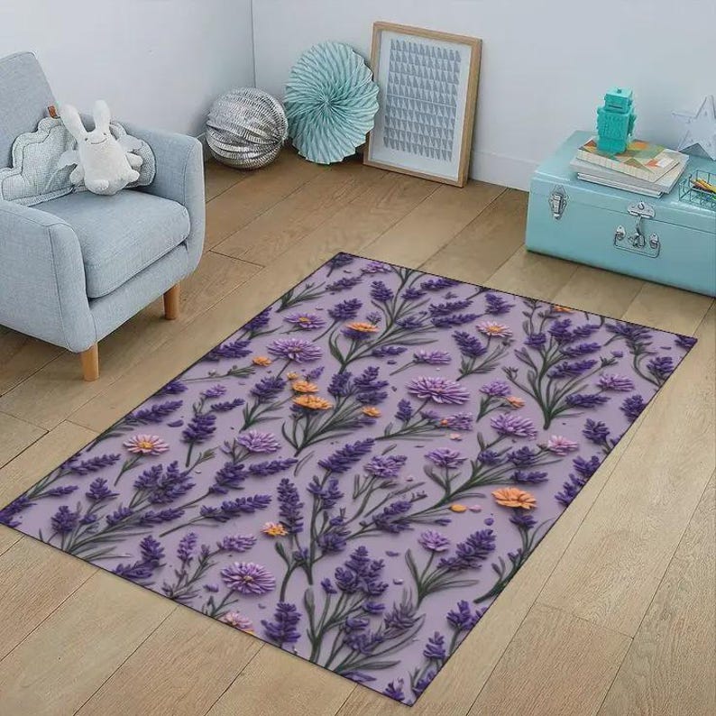 Lavender , Flower Vintage, Purple, Floral Kitchen Decor, Dried Lavender Bouquet Decor, Violet Living Room, Modern Rug