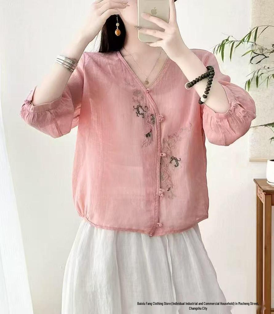 2026 Summer Women's V-Neck Floral Embroidered Linen Shirt - Artistic, Loose Fit, Three-Quarter Sleeves, Chinese Style