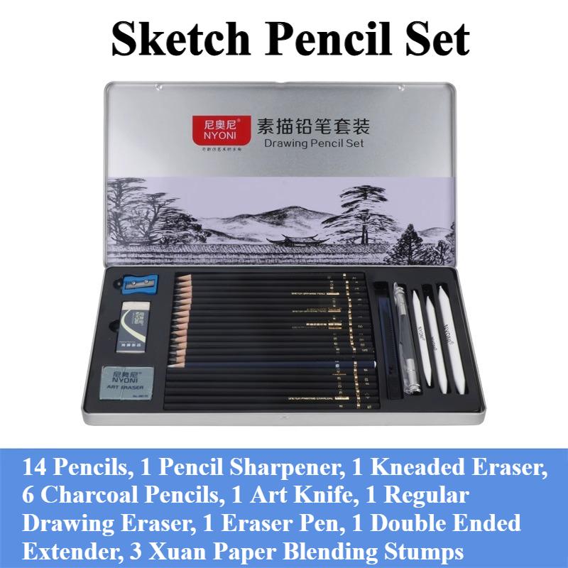 NYONI Sketch Pencil Set with Iron Box Drawing Set Full Set Hand Drawing Tools Professional Soft Charcoal Pen for Beginner