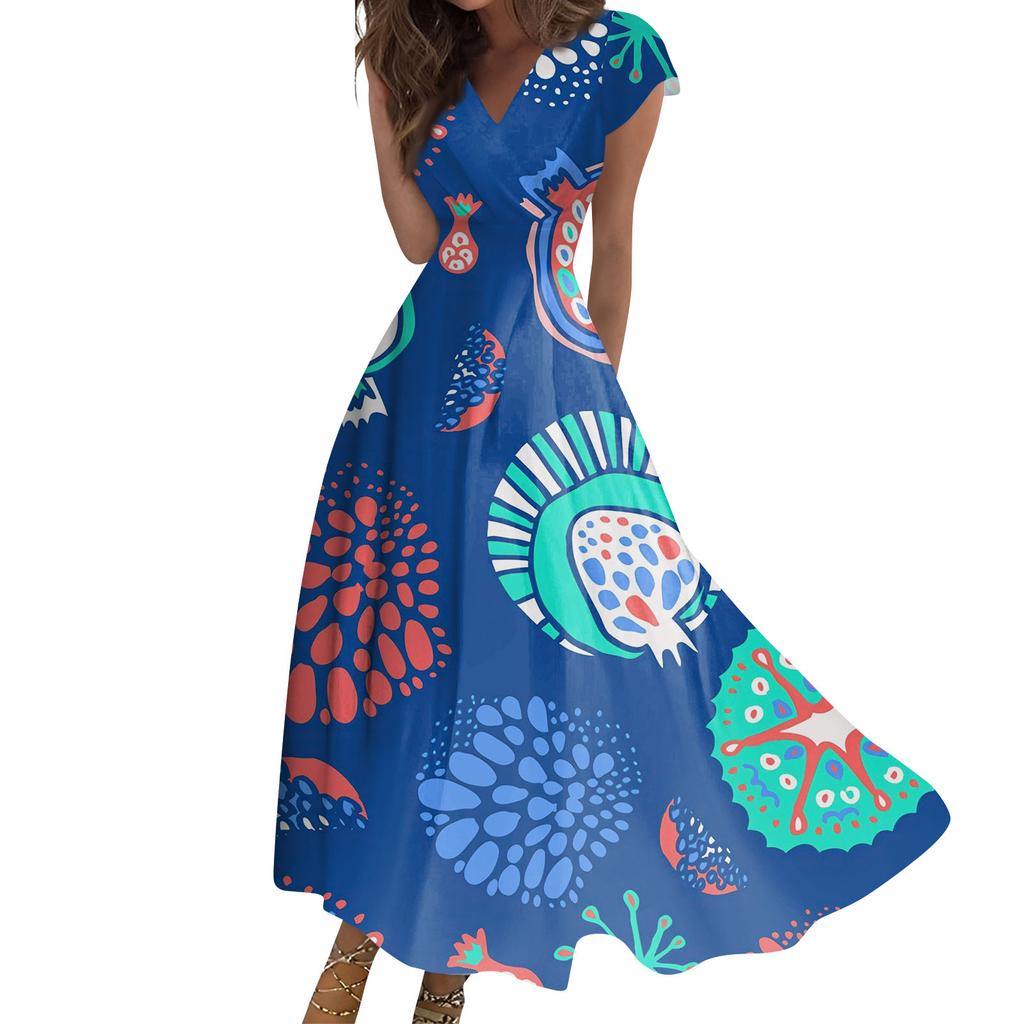 Women's Summer Fruit Printed V-Neck Long Dresses Dresses