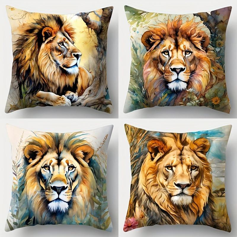 Watercolor Lion Throw Pillow Covers, Realistic Safari Lion Print Cushion Cases, Wildlife Home Decor For Bedroom Living Room Peach skin 18*18(CM)-1Pcs