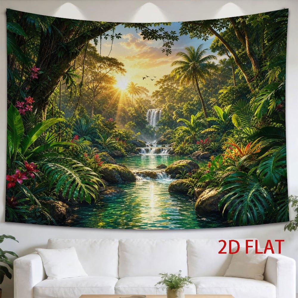 1pc Tapestry Tropical Rainforest Sunset Waterfall Path with Lush Greenery And Glowing Waters, Serene Natural Scenery Perfect for Wall Decor