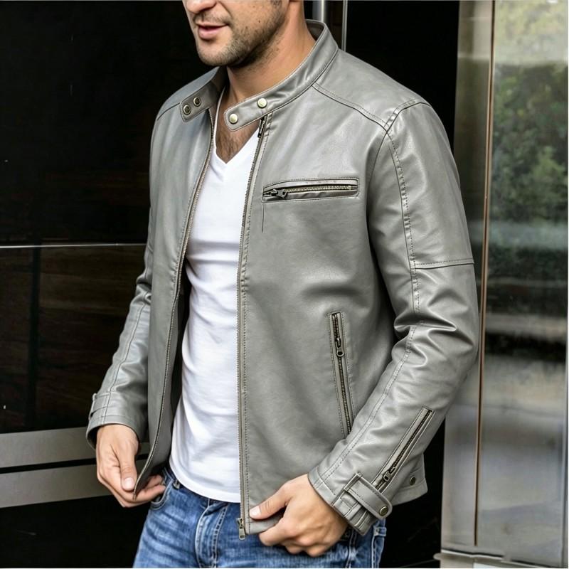 Mens Stand Collar PU Leather Jacket Punk Biker Style Loose Fit Winter Outerwear Young Adults