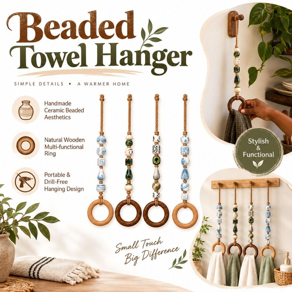Wooden Ring Beaded Towel Hanger Loop Hanging Strap Towel Hanging Loop Cabinet Door Decor