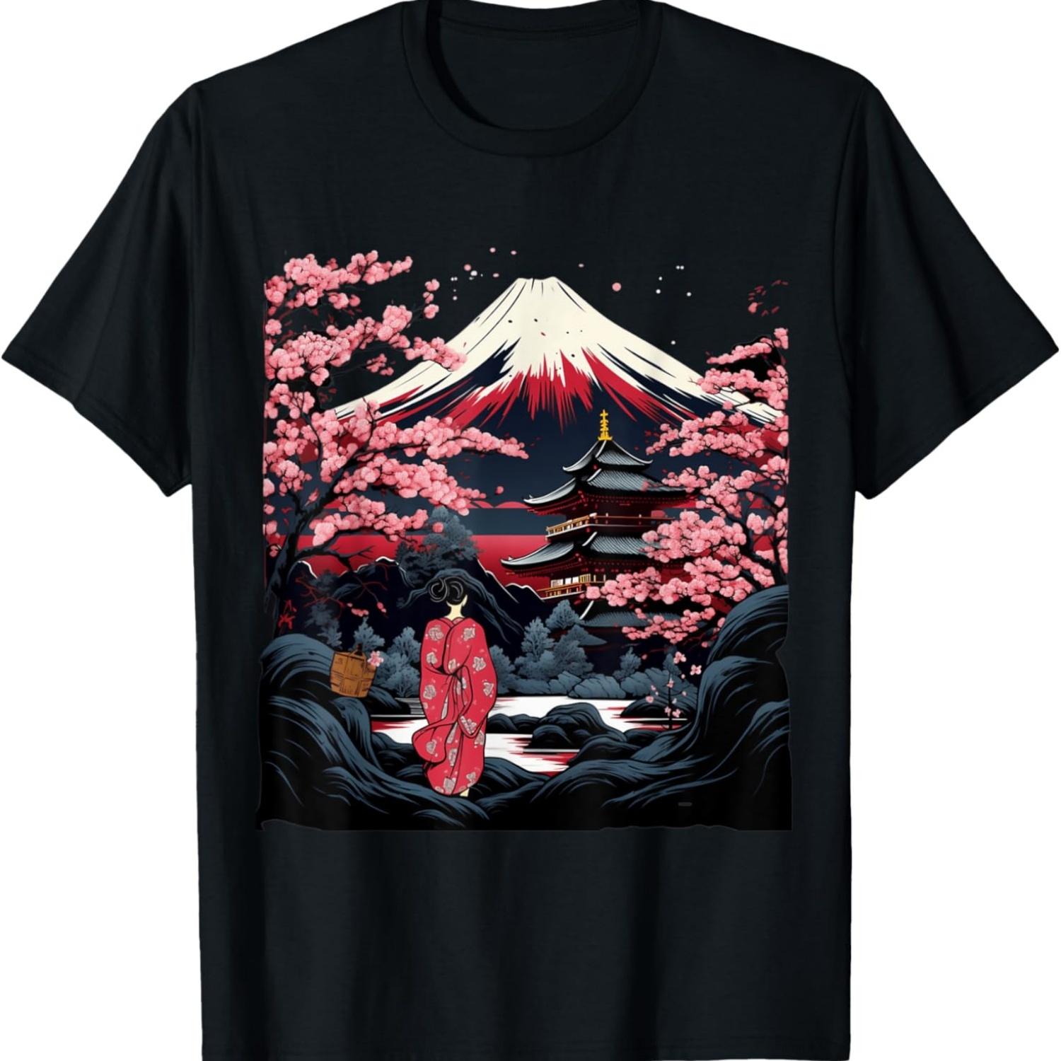Футболка с гейшей, горой Фудзи, пагодой и цветами сакуры(2) S чёрный