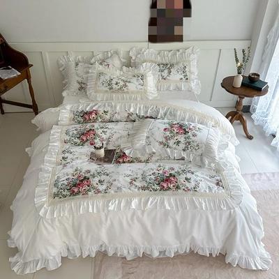 Σετ Κουβέρτας 3 Τεμαχίων με Βολάν και Μπάλωμα, Floral, 100% Βαμβάκι, Λευκό + 2 Μαξιλαροθήκες, Μέγεθος Super King ΗΠΑ/ΗΒ, Σετ Κλινοσκεπασμάτων