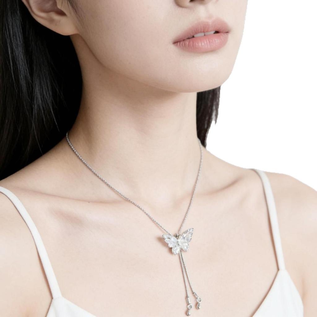 Silver Long Tassel Butterfly Necklace Women Can Pull Adjustment Spice Girl Collarbone Chain Niche High-End Light Luxury Accessories