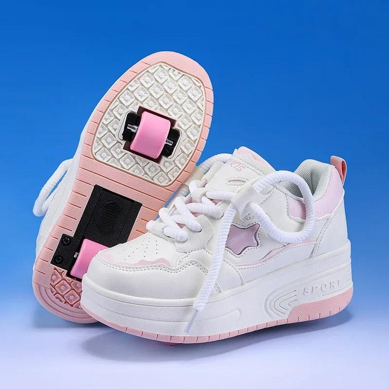 

Kids Sneakers Girls Shoes 2025 New Boys Leather-faced Roller Skates Children Can Go To School Detachable Roller Skate Shoes 40 розовый