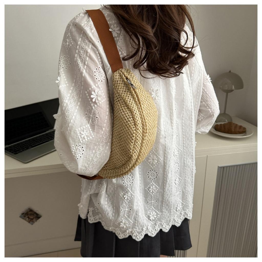 Women'S Stylish Woven Chest Bag - Light Brown, Crossbody Sling Phone Pouch with Zipper Closure, Versatile Waist Pack for Beach, Beach Bag