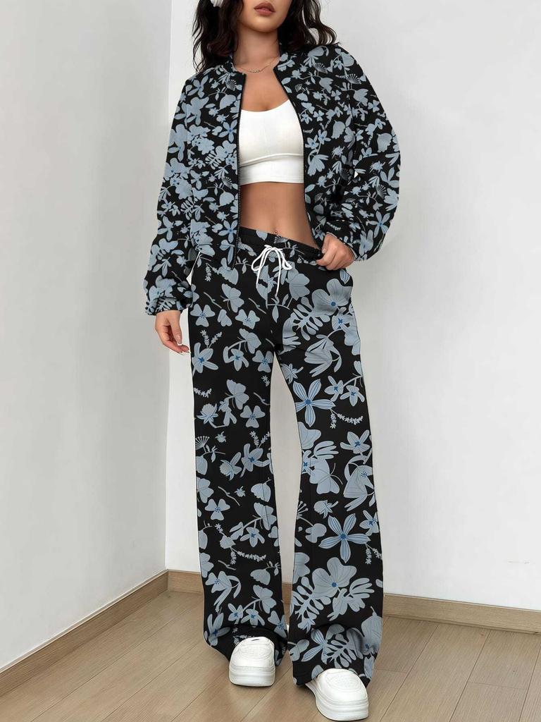 Small Fresh Flowers Autumn and Winter New European and American Women's Clothing Fruit Printing Set Women