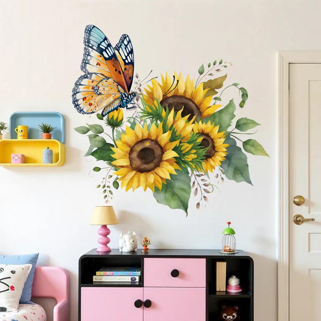 Butterfly and Sunflower Window Sticker Colorful Window Cling Decoration for Home Bedroom Living Room Glass Decor