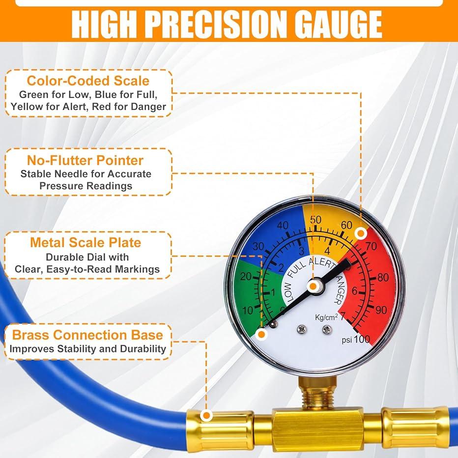 R134A Air Conditioning Refrigerant Charging Hose with Gauge Fits for Car AC Air Conditioning Refrigerant Charging Tool