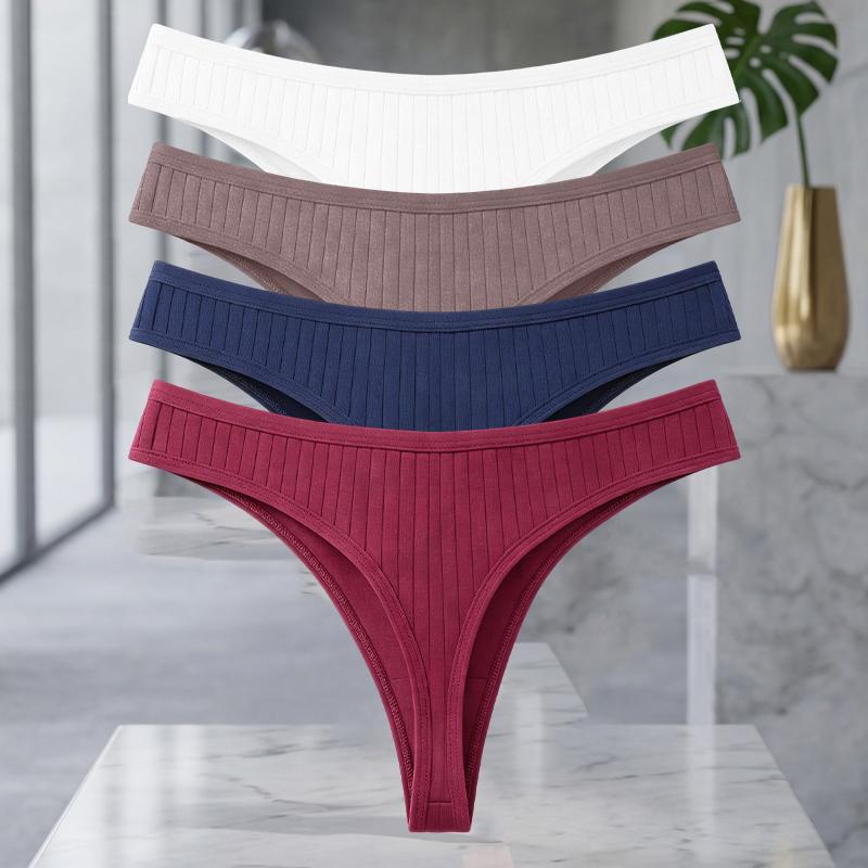 FINETOO 4Pcs/Set Cotton Ribbed Thongs For Women Seamless Solid Color High Quality Underwear Ladies Cozy Breathable Sexy G-String