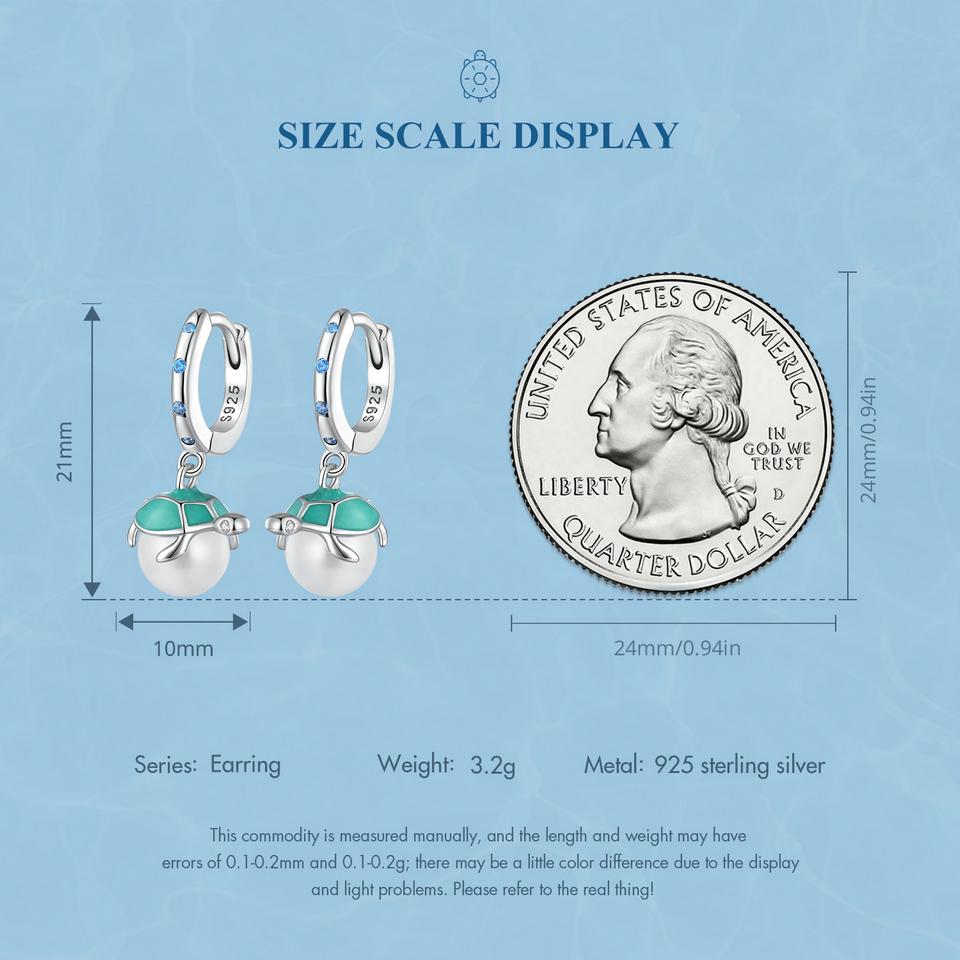 WOSTU 925 Sterling Silver Green Turtle White Pearl Drop Dangle Earrings For Women Summer Beach Jewelry Gift