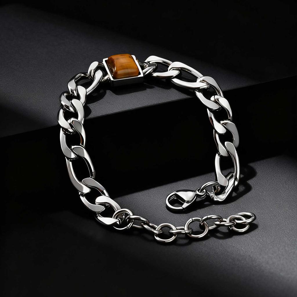 Square Tiger Eye Natural Stone Bracelet for Men, Adjustable Stainless Steel NK Chain Charm Bracelet, Fashion Jewelry Gift