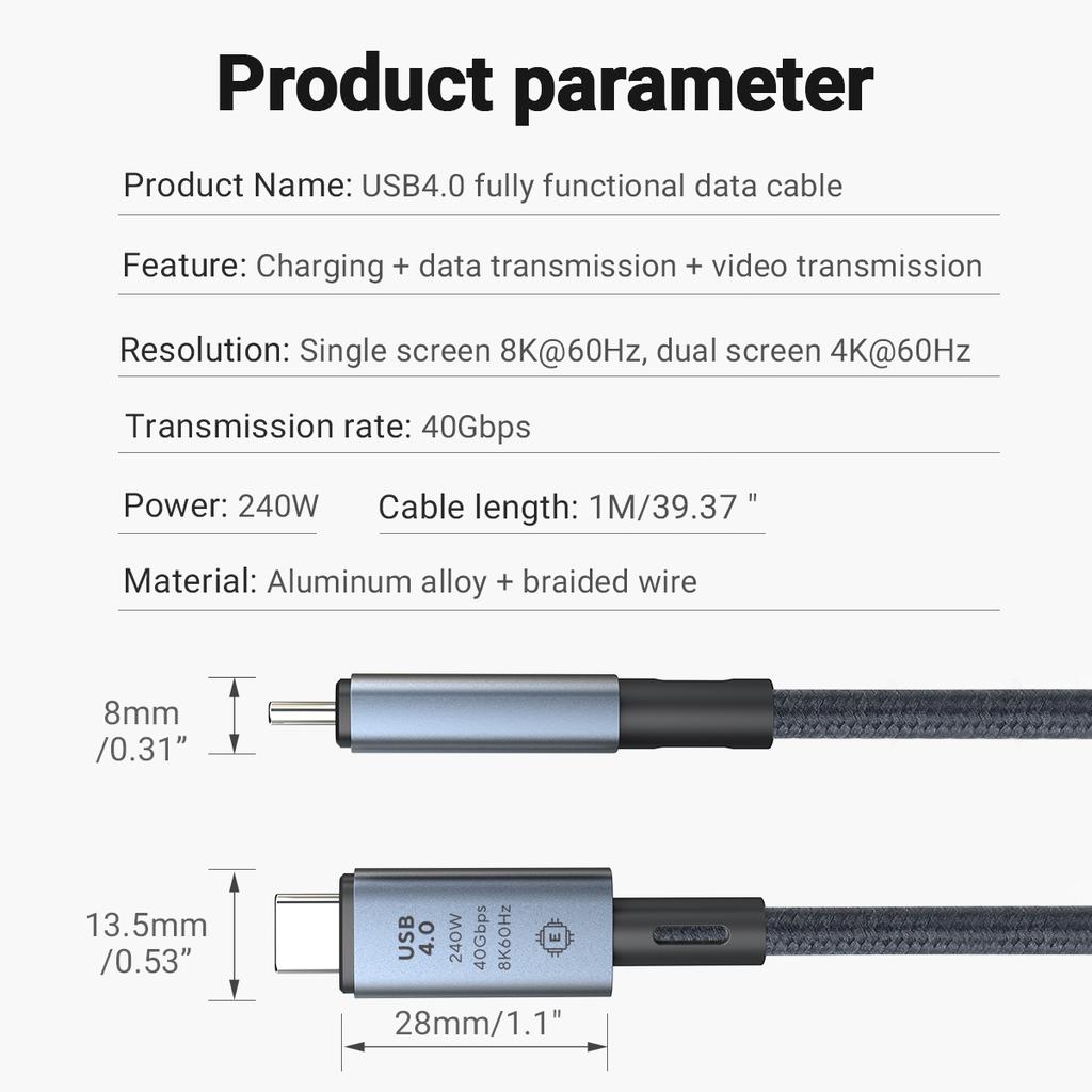 240W USB C To Type C PD Fast Charging Cable 8K 60Hz 40Gbps Data Transfer Cord for 15 16 17 Samsung Huawei Macbook
