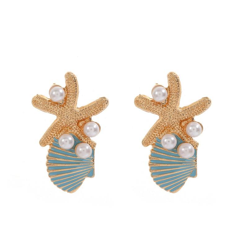 Ocean-Inspired Starfish Shell Earrings With Imitation Pearls Geometric Statement Jewelry Vacation Style Blue