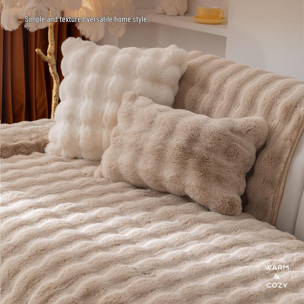 Nordisch Minimalistisch Winter-Stil Dick Plüsch Kaninchenfell Sofa Kissen & Rutschfester Bezug